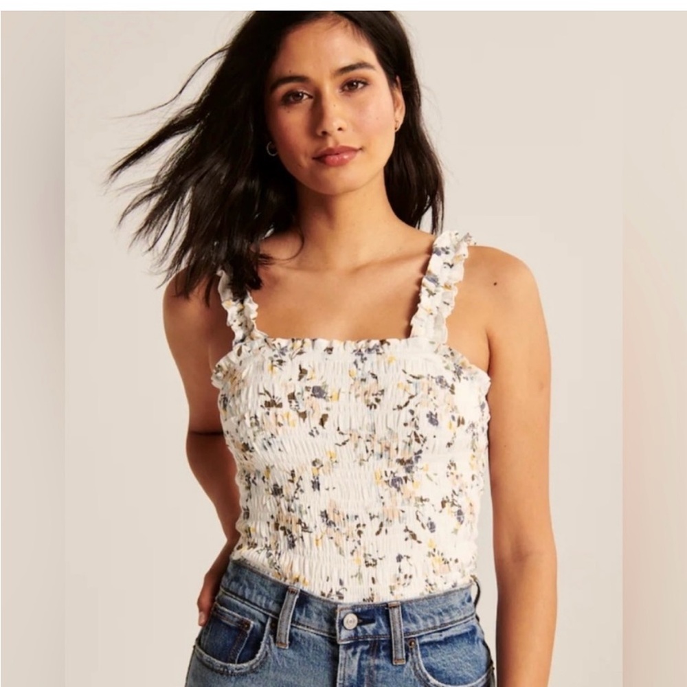 Abercrombie & Fitch Floral Ruffle Tank Top - Cream